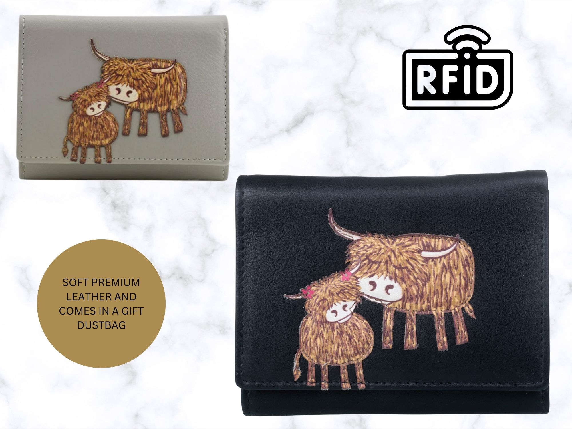 Highland Cow Leather RFID Small Trifold Purse - Image 2