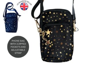 Midnight Sparkle Stars Phone 3 zip Crossbody Bag with adjustable strap star