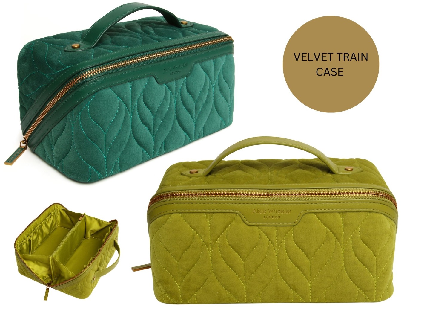 Alice Wheeler London Velvet Train Case, Beauty Travel Organiser, 24 x 12 x 12 cm, Gold Zip