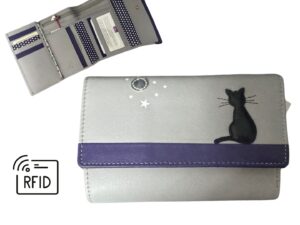 Mala Leather Cats Trifold Purse, Midnight Grey