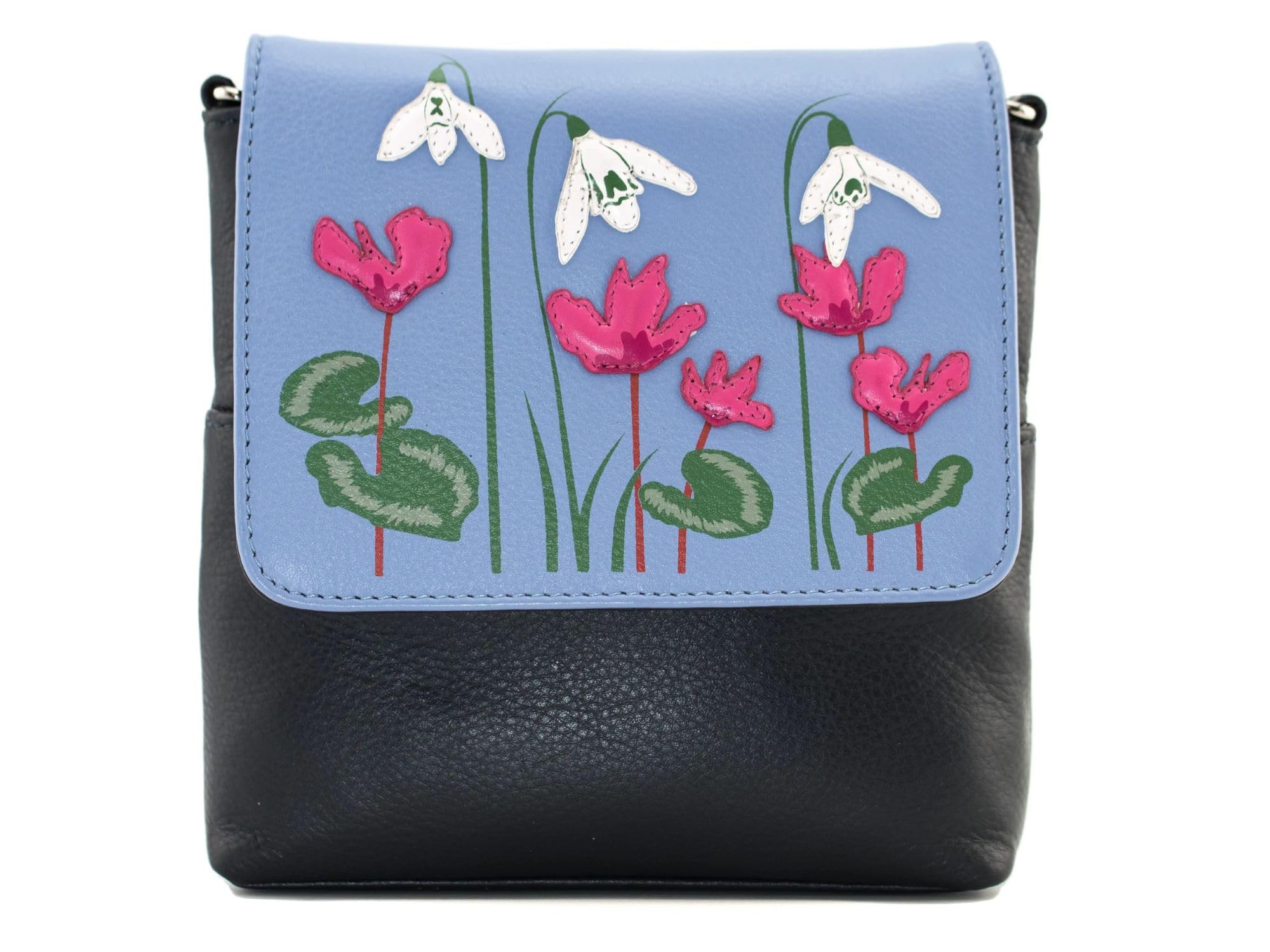 Mala Leather Snowdrop Floral Mini Crossbody Bag, White and Pink Flower Appliques, 16 x 17 x 3.5 cm
