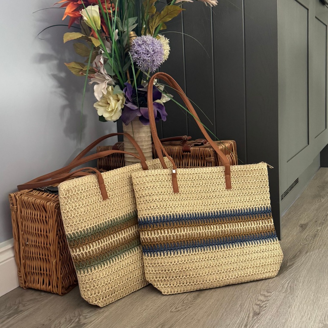 Woven Straw Beach Tote Bag with Faux Leather Handles, 40 x 31 x 10 cm ...