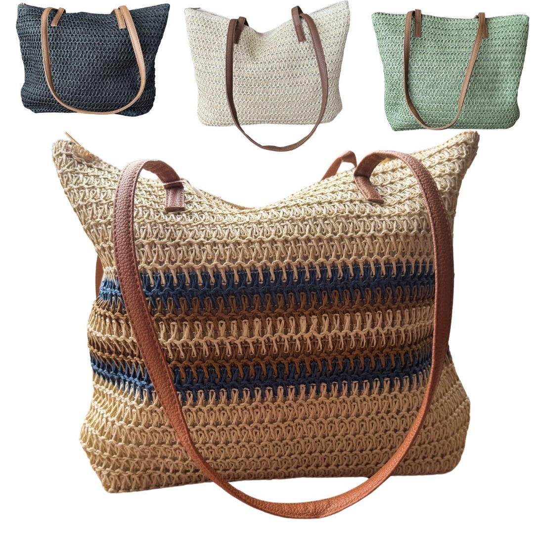 Woven Straw Beach Tote Bag with Faux Leather Handles, 40 x 31 x 10 cm ...
