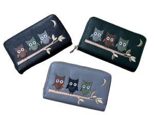 Concertina Zip Around Purse with Owl Design, Faux Leather, 16 x 10 x 2.5 cm