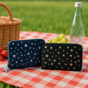 Ladies Faux Suede Purse, Midnight Sparkle Stars Pattern, Concertina Zip Around, 16 x 10 x 2.5 cm