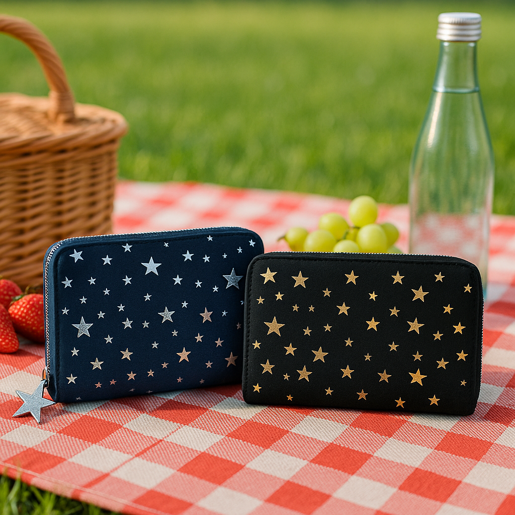 Ladies Faux Suede Purse, Midnight Sparkle Stars Pattern, Concertina Zip Around, 16 x 10 x 2.5 cm
