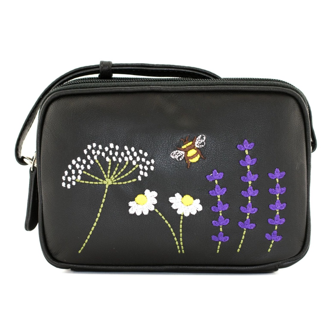 Mala Leather Blossom Embroidered Bee & Floral Leather Crossbody Bag Soft Genuine Leather, Double Zip Compartments, Adjustable Strap, Lightweight & Stylish Includes Dust Bag - Image 4