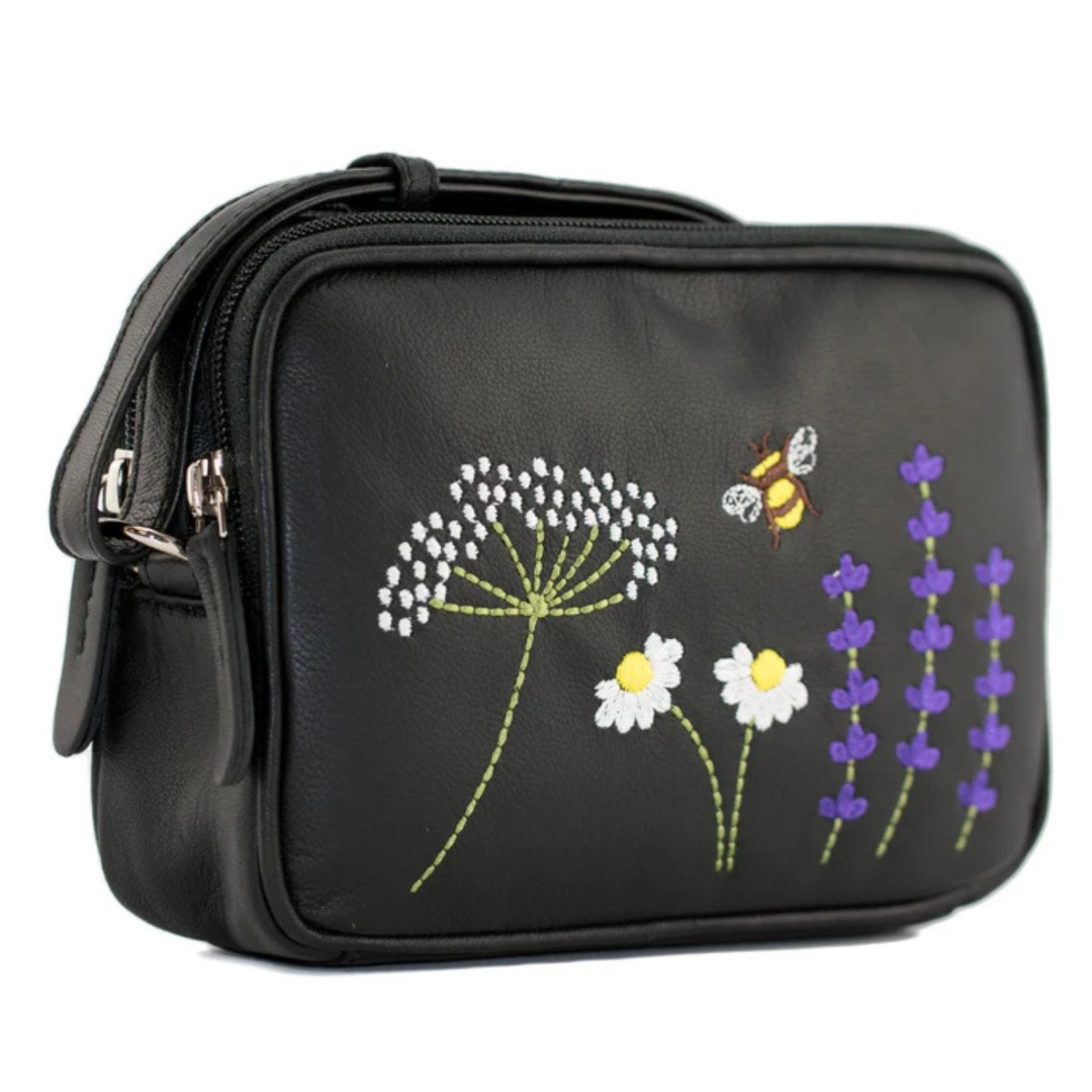 Mala Leather Blossom Embroidered Bee & Floral Leather Crossbody Bag Soft Genuine Leather, Double Zip Compartments, Adjustable Strap, Lightweight & Stylish Includes Dust Bag - Image 3
