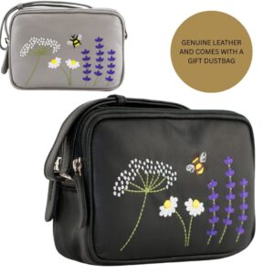 Mala Leather Blossom Embroidered Bee & Floral Leather Crossbody Bag Soft Genuine Leather, Double Zip Compartments, Adjustable Strap, Lightweight & Stylish  Includes Dust Bag