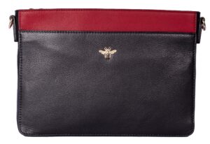 Premium Leather Bee Ladies Crossbody Bag Black/Red with Gold Bee Mason, Adjustable/Removable Strap