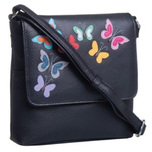 Juno Flap Butterflies Crossbody Bag Genuine Leather Compact Travel Handbag Adjustable Strap with Card Slots Black or Purple 17 x 16 x 3.5 cm
