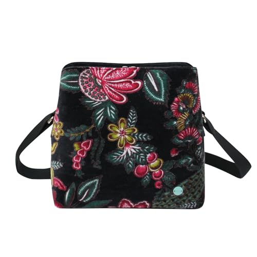 Logan Printed Velvet Boho Shoulder Bag, Floral Design, Adjustable Strap, 30 x 24 x 10 cm, Black/Teal/Plum - Image 4