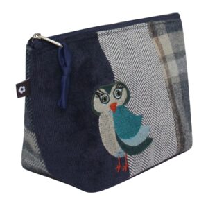 Tweed Applique Stitched Makeup Cosmetic Bag Owl Design