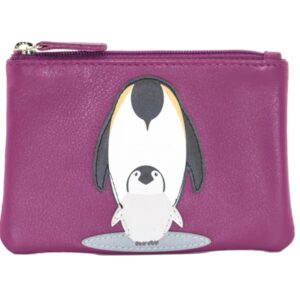 Genuine Leather Coin Purse  Cute Mum & Baby Penguin Design  Zip Top Small Change Purse with Applique Detail  Pocket-Sized Wallet for Coins & Cash  12.5 x 8.5 cm (Magenta)