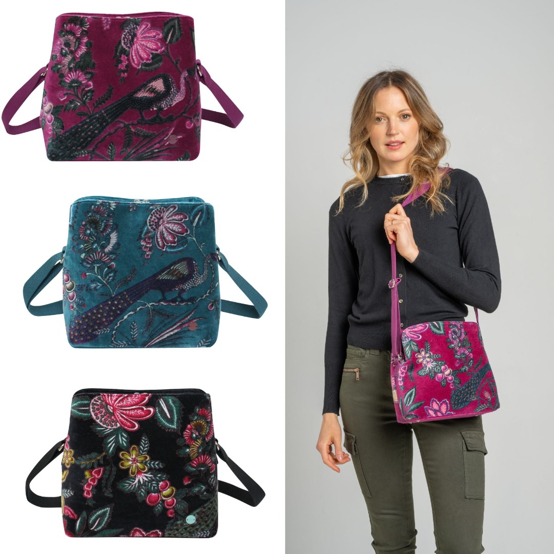 Logan Printed Velvet Boho Shoulder Bag, Floral Design, Adjustable Strap, 30 x 24 x 10 cm, Black/Teal/Plum