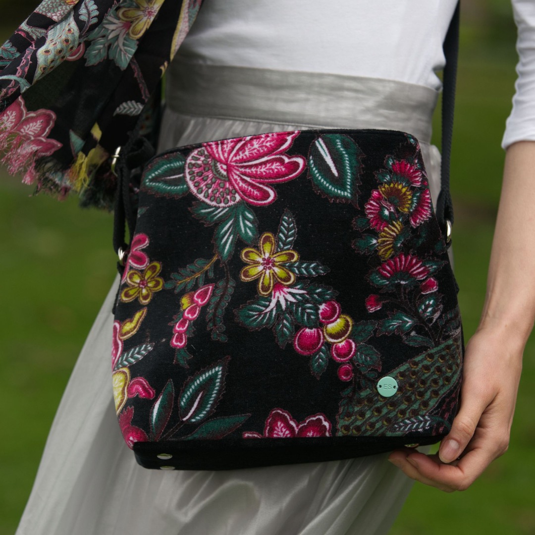 Logan Printed Velvet Boho Shoulder Bag, Floral Design, Adjustable Strap, 30 x 24 x 10 cm, Black/Teal/Plum - Image 2