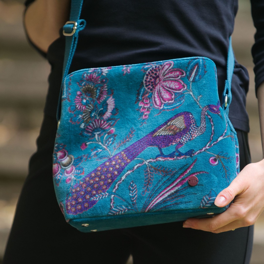 Logan Printed Velvet Boho Shoulder Bag, Floral Design, Adjustable Strap, 30 x 24 x 10 cm, Black/Teal/Plum - Image 5