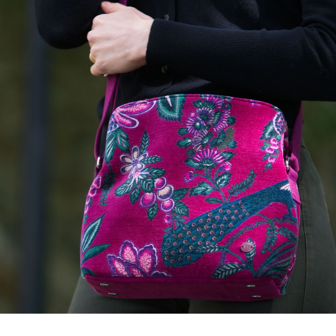 Logan Printed Velvet Boho Shoulder Bag, Floral Design, Adjustable Strap, 30 x 24 x 10 cm, Black/Teal/Plum - Image 3