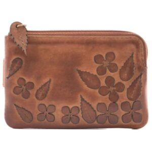 Wild Bloom Leather Floral RFID Tan Coin & Card Purse