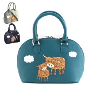 Mala Leather Bella Highland Cow Zip Round Grab Bag  Medium Leather Handbag Applique  Detachable Shoulder Strap & Dust Bag  28 x 19 x 10 cm