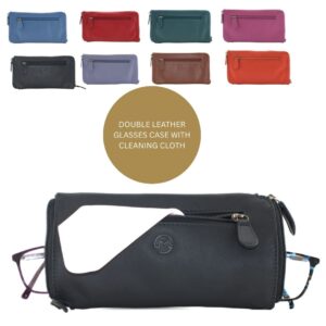 Double Zipped Leather Glasses Case Holds 2 Pairs of Glasses
