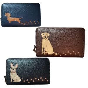 Embroidered Dog Zip-Around Card & Coin Purse Wallet Faux Leather