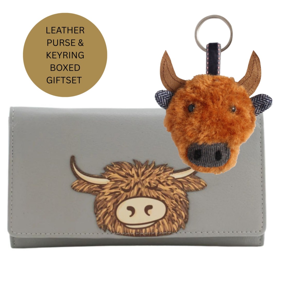 Gift Boxed Leather Highland Cow Purse & Keyring - Image 5