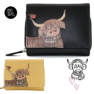 Mala Leather Callum The Highland Cow & Robin Bird Medium Tri Fold Purse Genuine Leather RFID Wallet with Zipped Coin Pocket