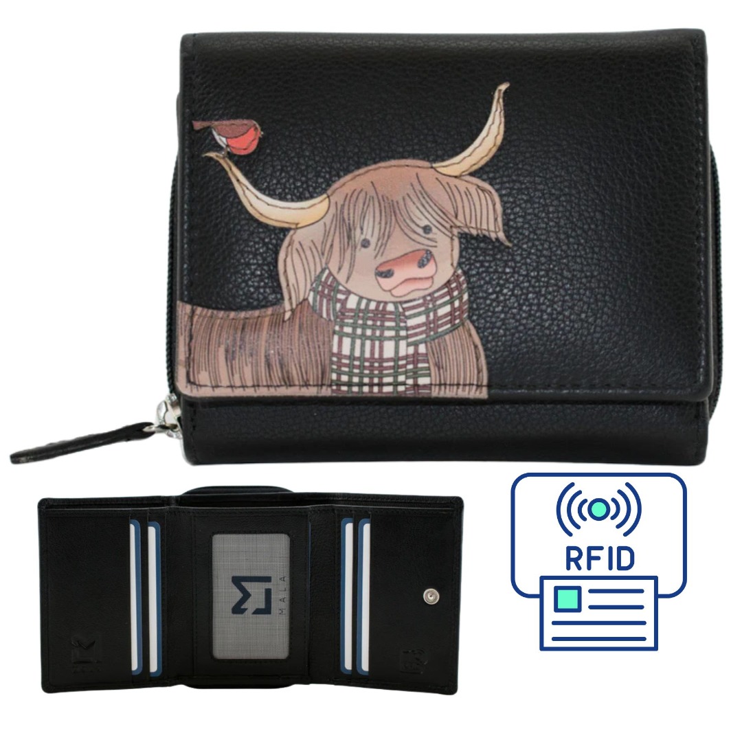 Mala Leather Callum The Highland Cow & Robin Bird Medium Tri Fold Purse Genuine Leather RFID Wallet with Zipped Coin Pocket - Image 2