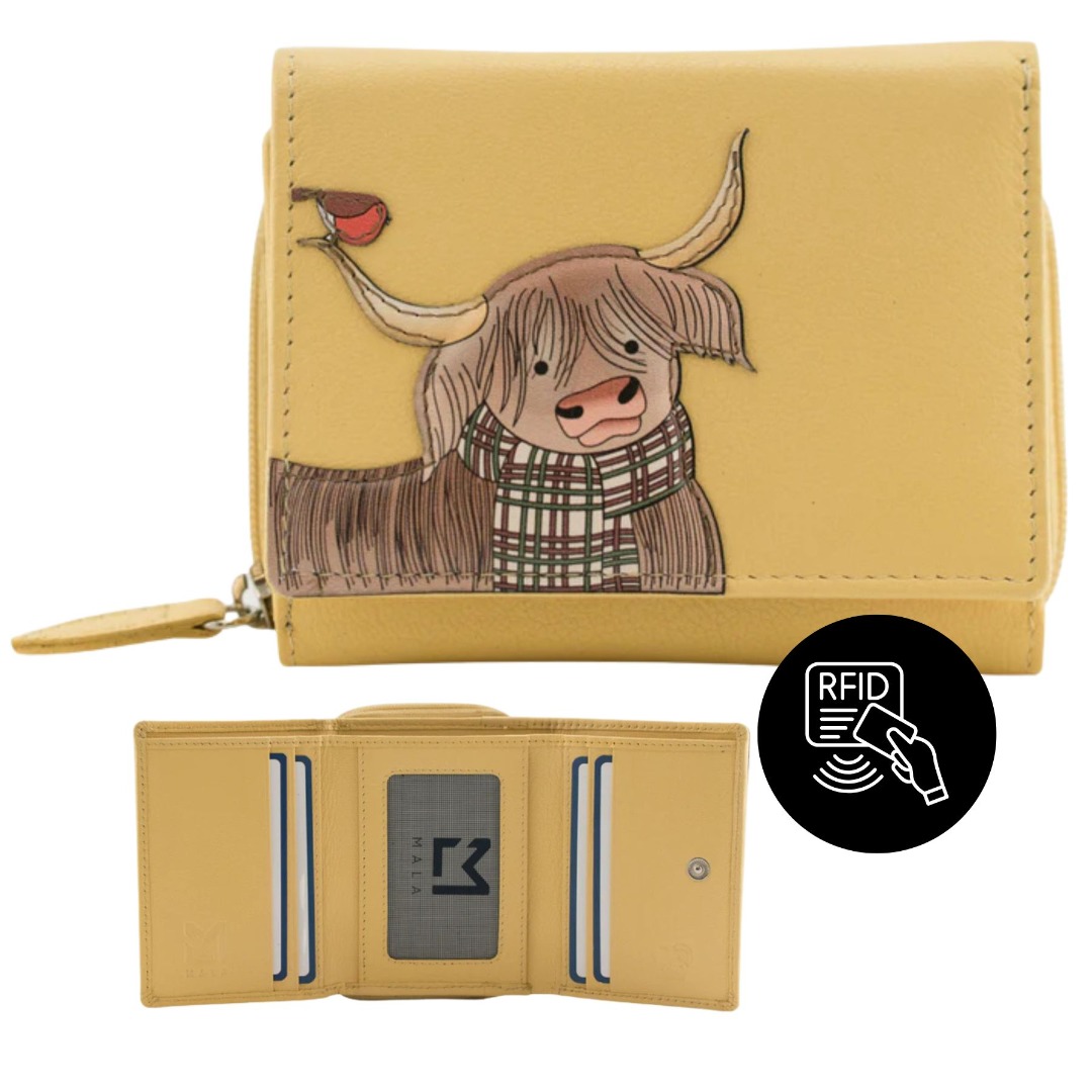 Mala Leather Callum The Highland Cow & Robin Bird Medium Tri Fold Purse Genuine Leather RFID Wallet with Zipped Coin Pocket - Image 3