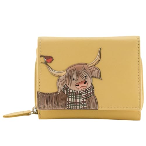 Mala Leather Callum The Highland Cow & Robin Bird Medium Tri Fold Purse Genuine Leather RFID Wallet with Zipped Coin Pocket - Image 4
