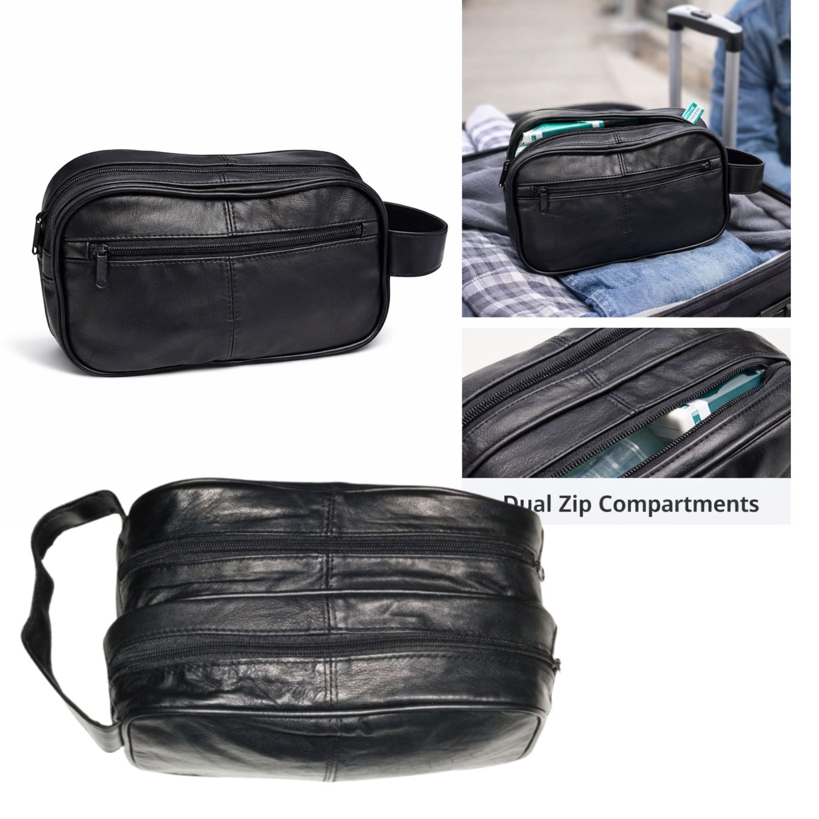 Black Sheep Nappa Toiletry Bag with Double Zip Compartments