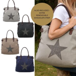 Staremvy Star Tote XL Shoulder Bag, Large Canvas with Glitter Star, Faux Leather Handles & Removable Strap, Multiway Carry, Zip Closure, Spacious Size 50 35 7 cm