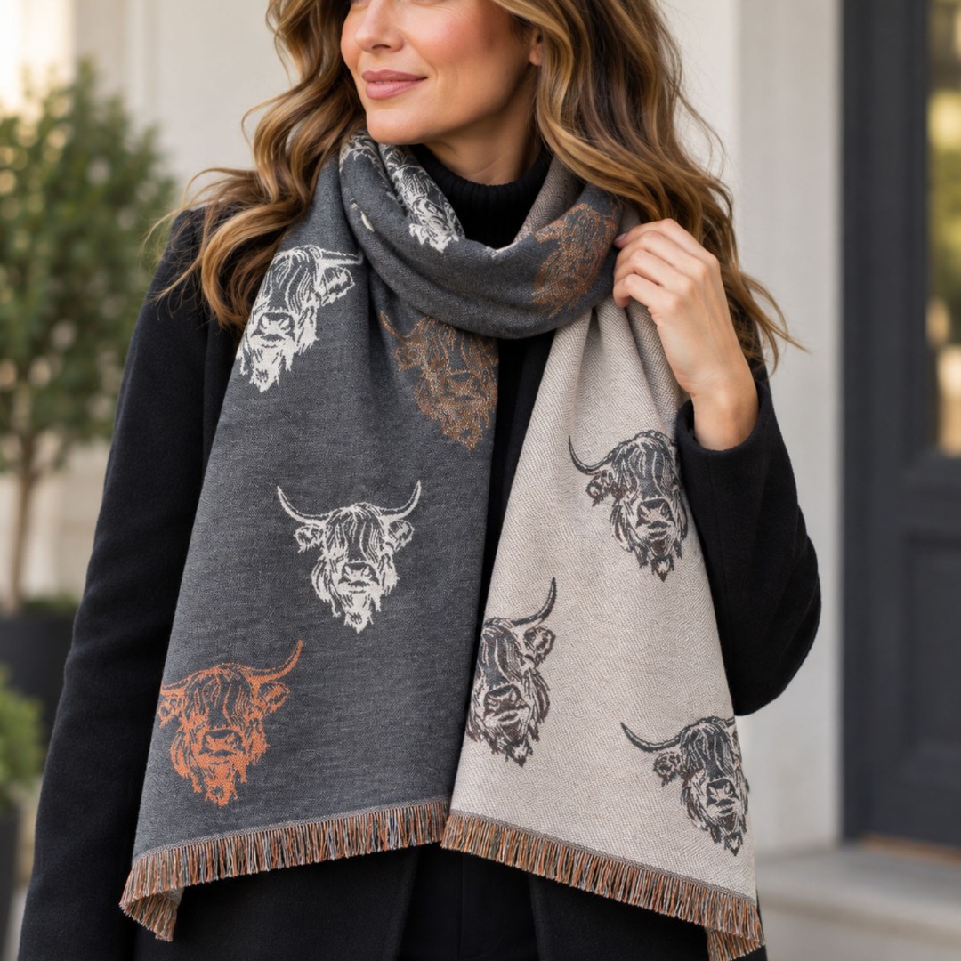 Reversible Highland Cow Scarf Cashmere Blend Fringe Winter Scarf - Image 4