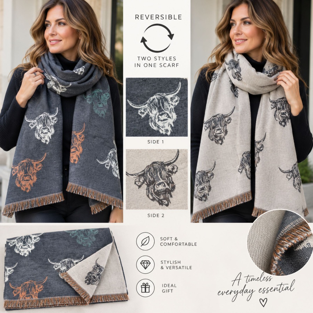 Reversible Highland Cow Scarf Cashmere Blend Fringe Winter Scarf - Image 3