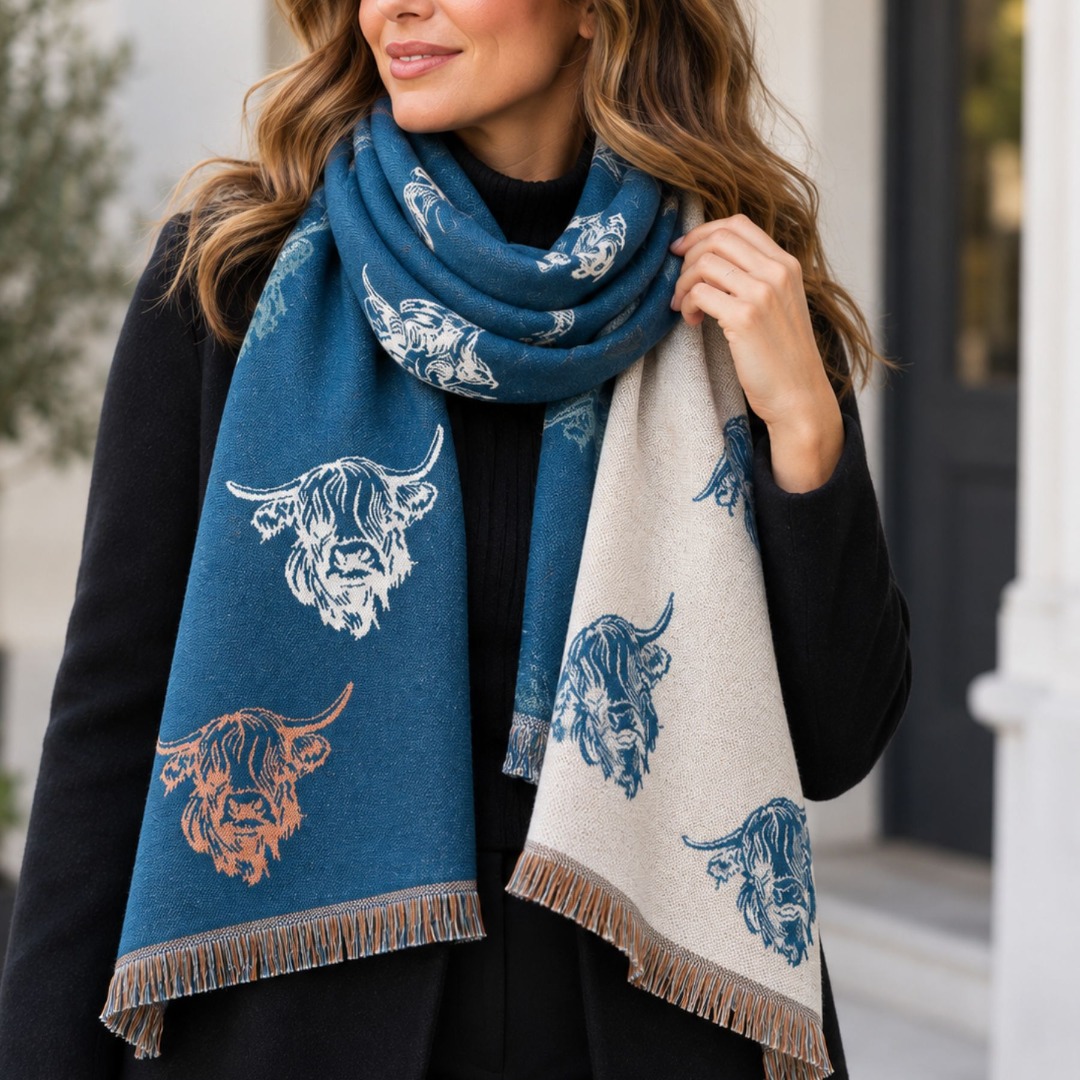 Reversible Highland Cow Scarf Cashmere Blend Fringe Winter Scarf - Image 2