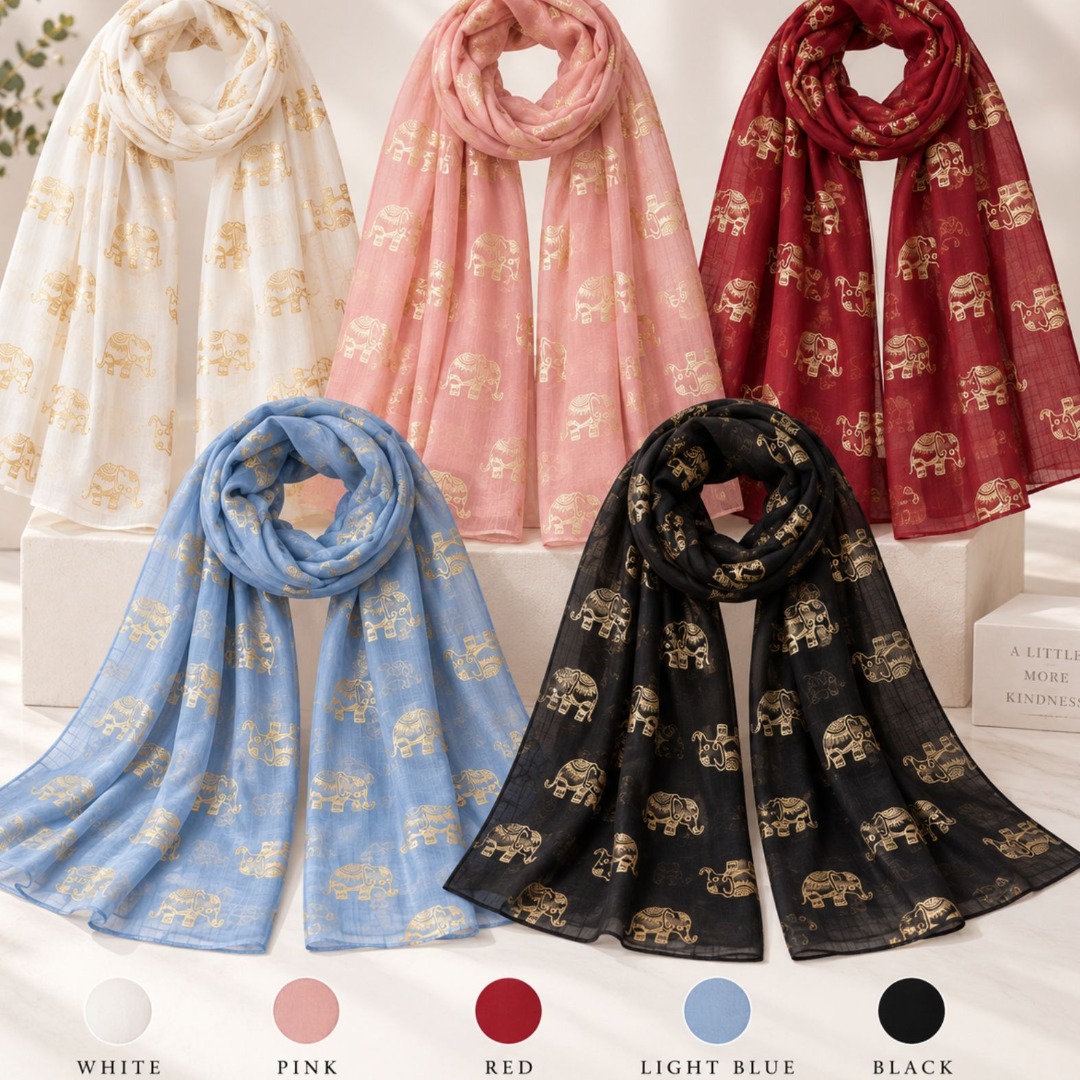Lightweight Elephant Print Scarf Gold Foil Design - Image 2