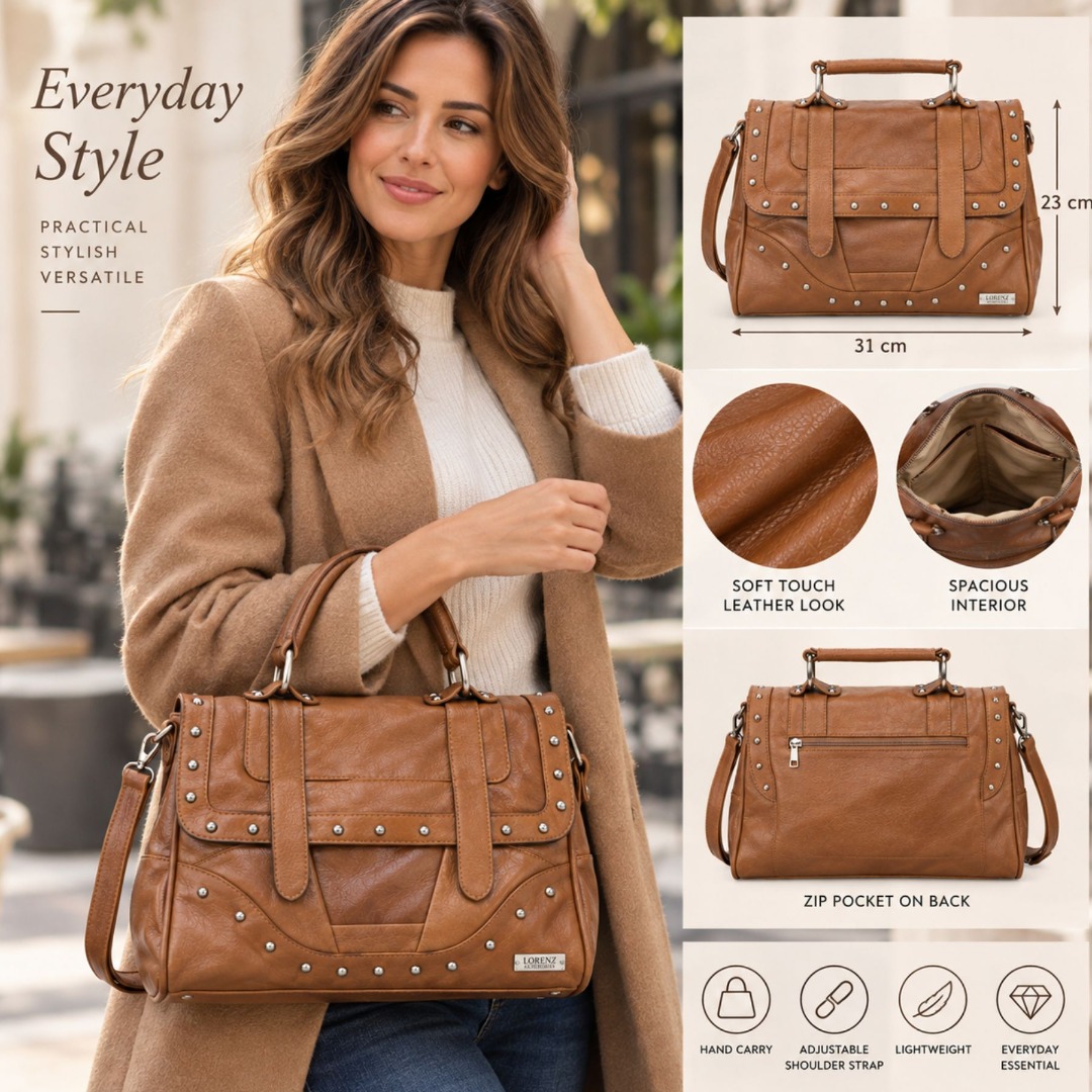 Studded Patchwork Satchel Handbag - Image 5