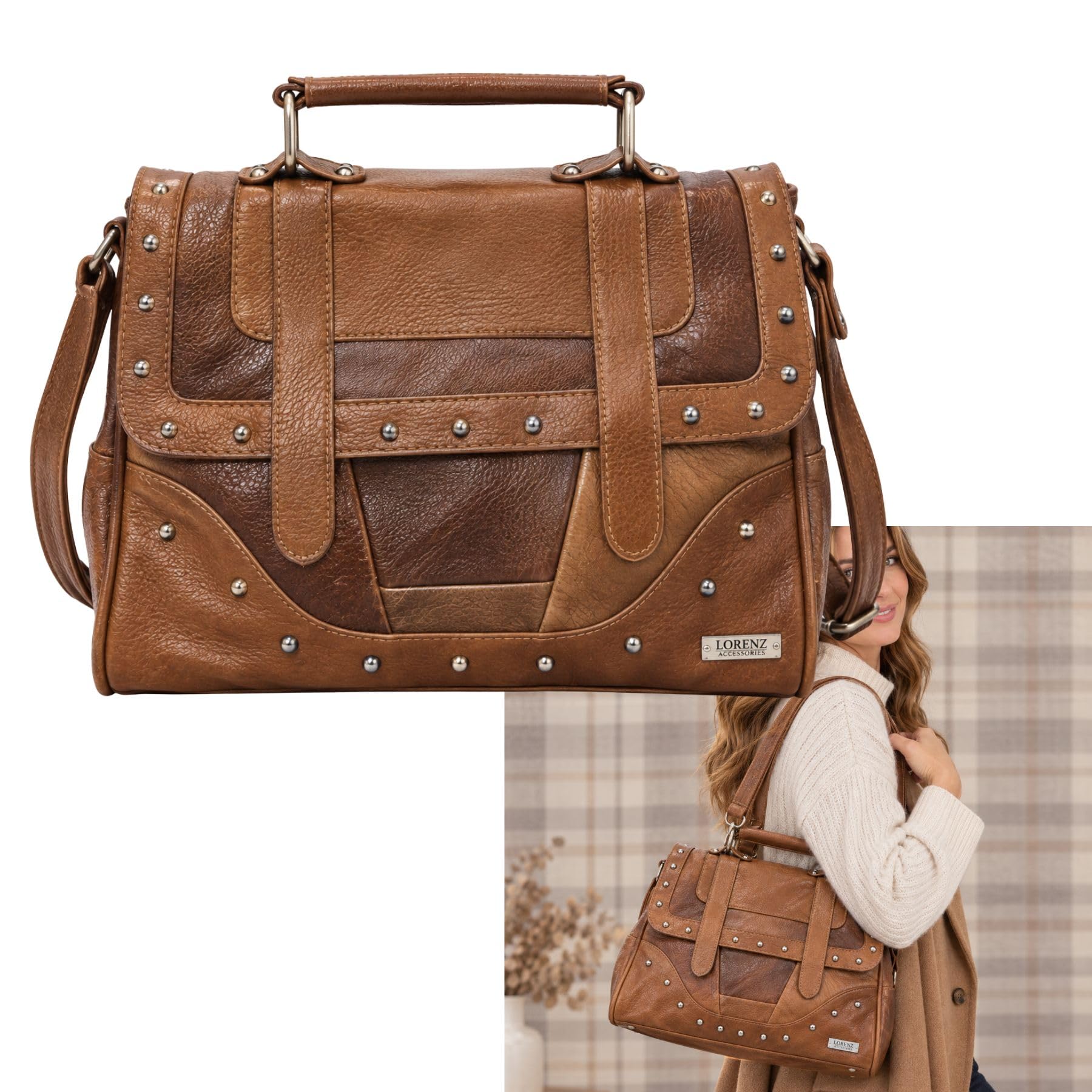 Studded Patchwork Satchel Handbag - Image 2
