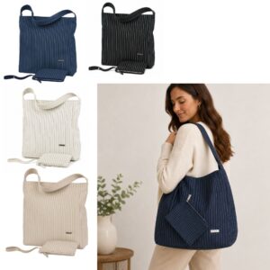 Striped Waxed Feel Tote Bag with Detachable Purse